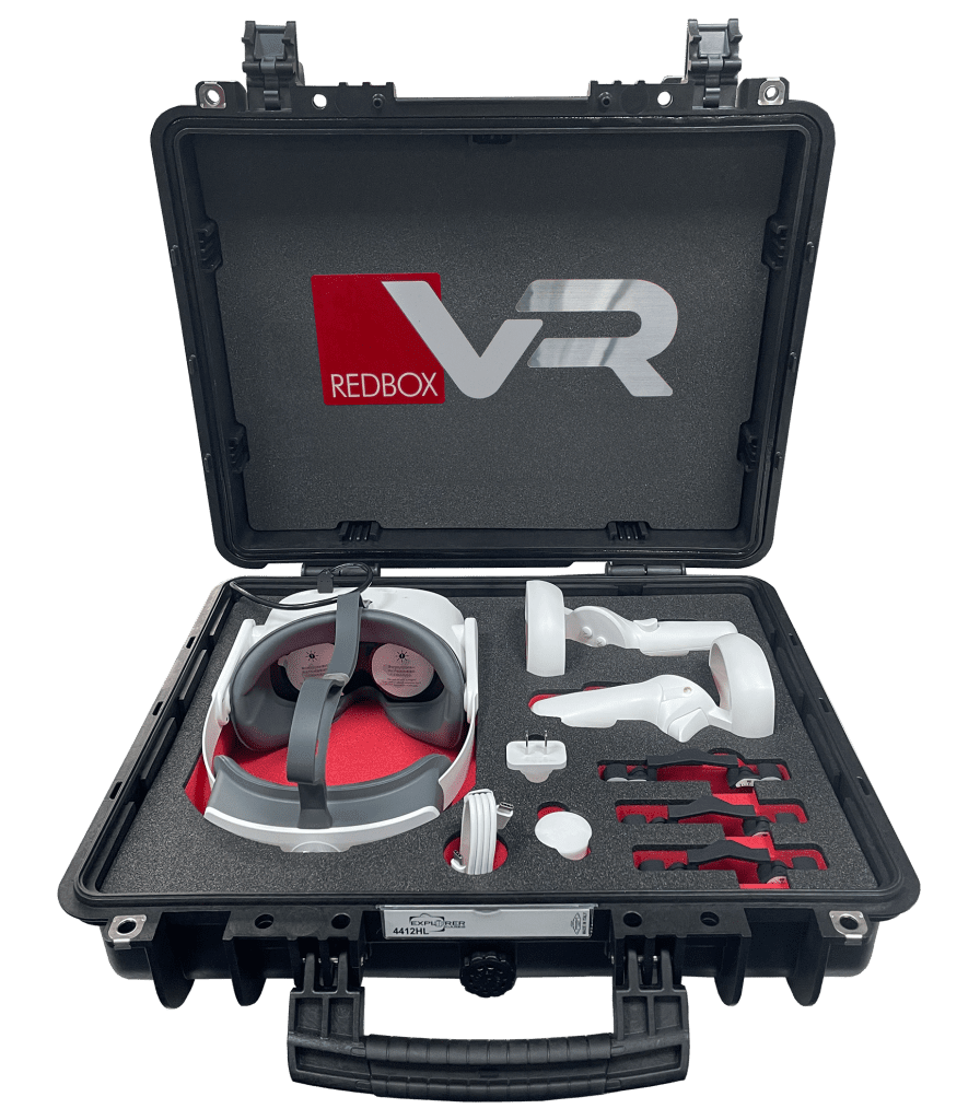 Custom storage solution housing 1 Neo3 Headset with controllers, accessories & lens holders. This solution features intelligent USB-C charging.